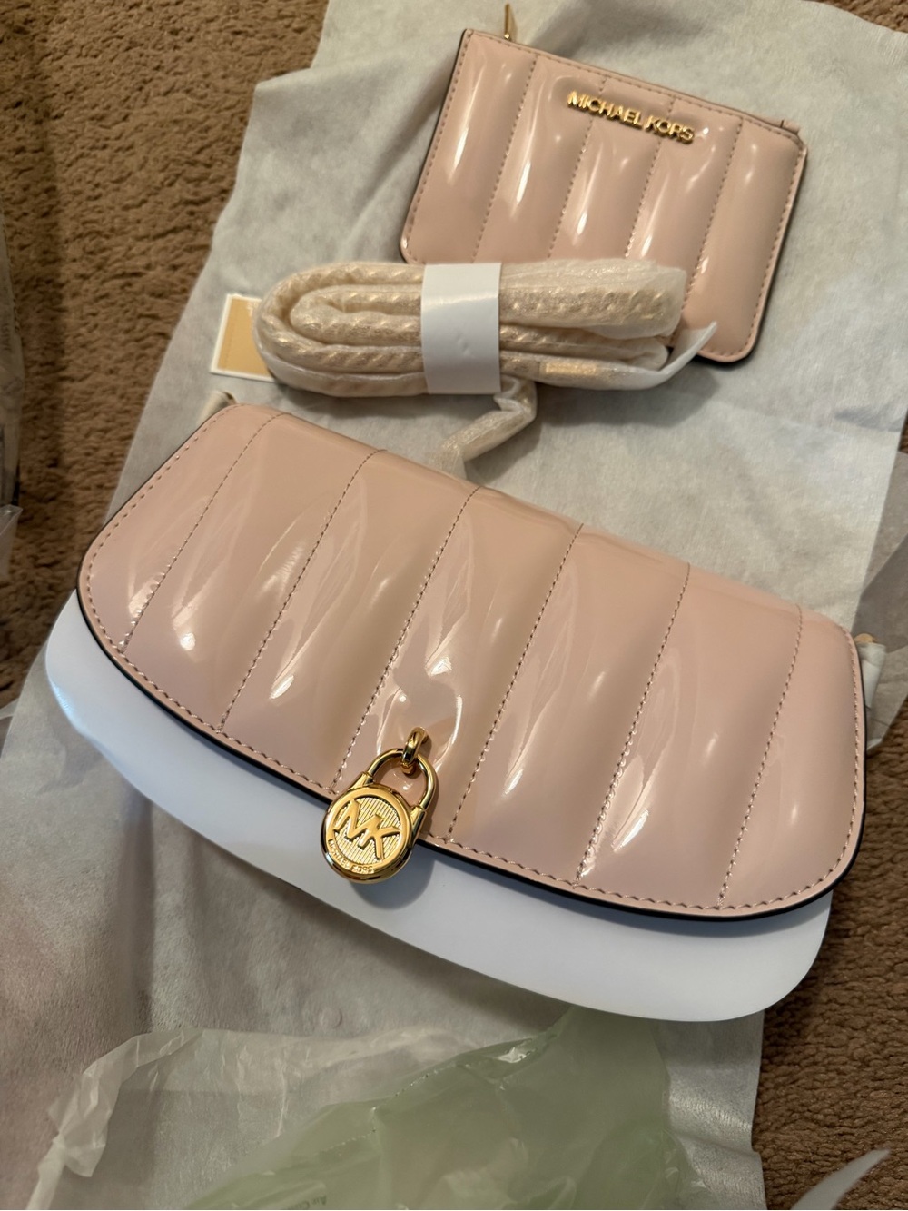 Michael Kors Pink Patent Quilted Crossbody with Gold Logo Charm